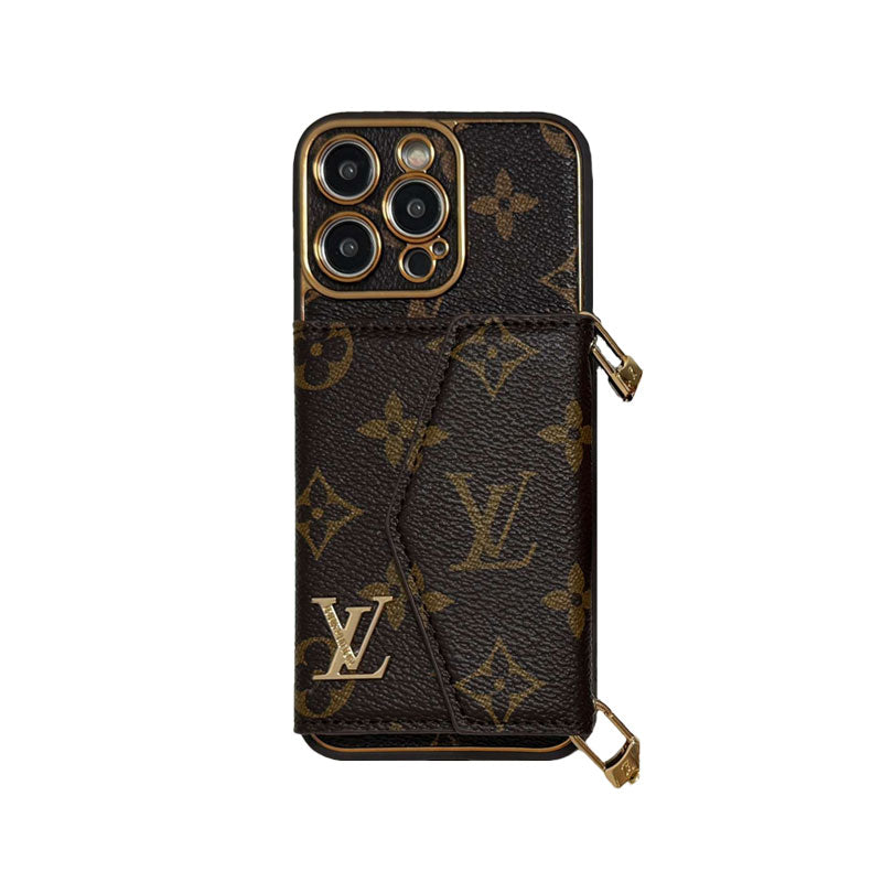 Funda de iPhone con monograma, billetera y correa MARRÓN, ESTAMPADO GRANDE