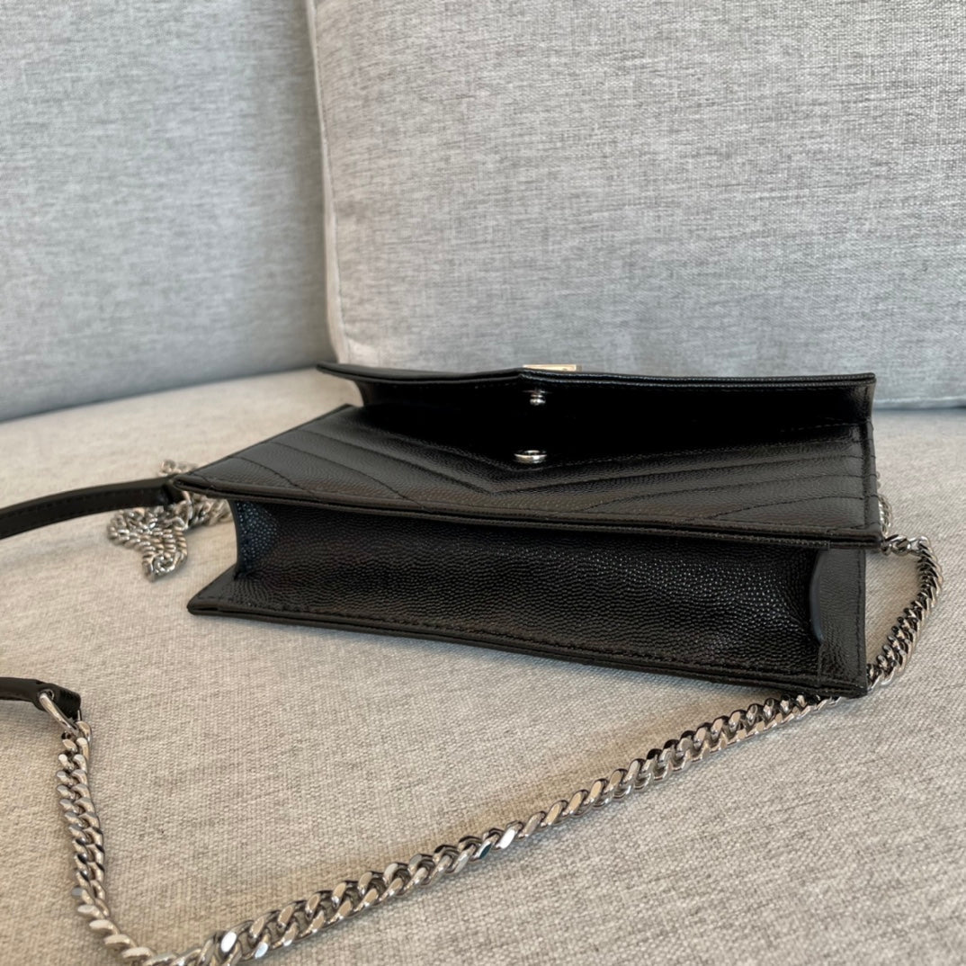 YSL  Cassandre Envelope Chain Wallet Black Grain Leather 19x11.5x4 cm