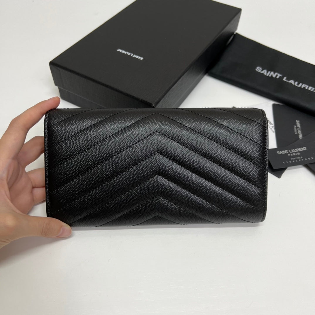 YSL Long Wallet Black Leather Gold Tone 10769 19cm