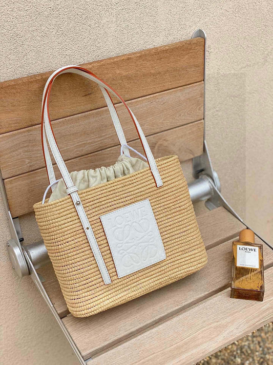Loewe Small Square Basket Bag In Raffia And Calfskin NaturalWhite